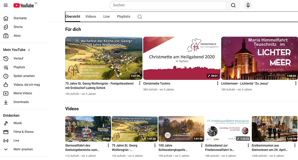 Bildschirmshot des Youtube-Channels des Seelsorgebereichs Frankenwald